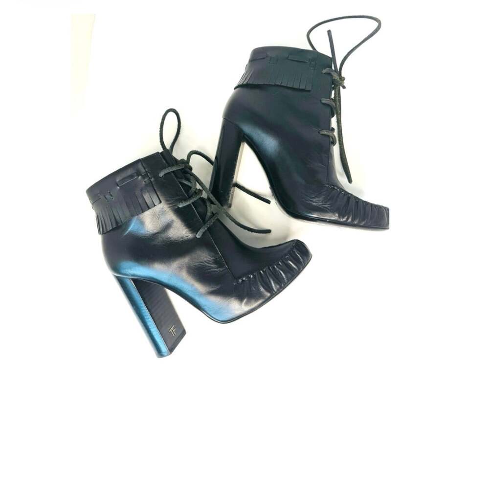 Tom Ford Black Leather Fringe Lace Up Ankle Boots Block Heel EU 35.5